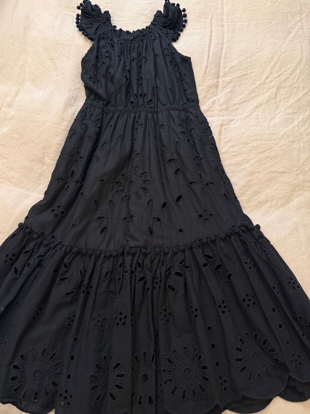 Jcrew Black Midi Cotton Eyelet Tiered Pom Pom Dress size 0P
